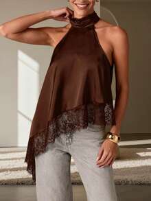 Women's Lace Halter Neck Tank Top Elegant Asymmetric Lace Patchwork Top Y2K Lace Trim Sleeveless Blouse Fashion Backless Crop Tops Loose Casual Camisole Shirt Summer Wedding Guest Party Evening Wear - nâu sẫm - Xem 2