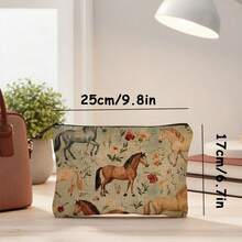 1pc Horse & Flower Pattern Cosmetic Bag, Modern Style Polyester Lightweight Travel Organizer Pouch, Makeup Bags, Cosmetic Bag,  Travel Essential, Large Capacity, Large Makeup Bag, Christmas Gifts - Màu nâu  Mocha - Xem 2