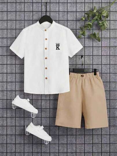 Young Boy Stand Collar Single-Breasted Shirt And Shorts Set