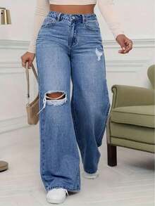 High Quality Casual Distressed Pocket Design Wide Leg Jeans - 藍色 - 查看 11