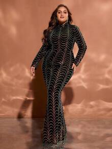 Plus Size Long Sleeve Stand Collar Multi-Color Geometric Sequin Patchwork Maxi Evening Dress - Multicolor - View 3