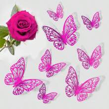 12 pièces Autocollants papillon creux - Décorations DIY pour la maison, le journal intime, la fête, les vacances | Outils décoratifs artisanaux populaires - Rose vif - Voir 8