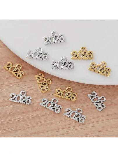 10pcs 2026 Numeric Metal Decorations, Gold Color Pendant, Suitable For DIY Jewelry, Necklace, Bracelet, Phone Chain, Keychain, Personalized Creative Gifts, Theme Parties, Holiday Celebrations, New Year Decorations
