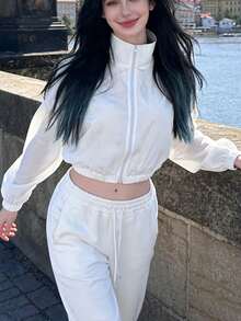 Women's New Casual Sports Stand Collar Long Sleeve Short Elastic Waist Zip-Up Jacket, Suitable For Outdoor Activities - White - View 5