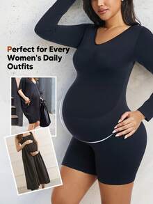 Maternity High Stretch Expandable Tummy Long Sleeve One Piece Shorts Comfortable Everyday - Black - View 4