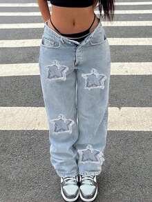 Stylish Women's Star Flower Embroidered Jeans – Mid-Rise Straight, Built-In Zipper, Soft High-Quality, Casual Everyday Wear, Classic Pantalones Jeans De Mujer - 淺色水洗藍 - 查看 1