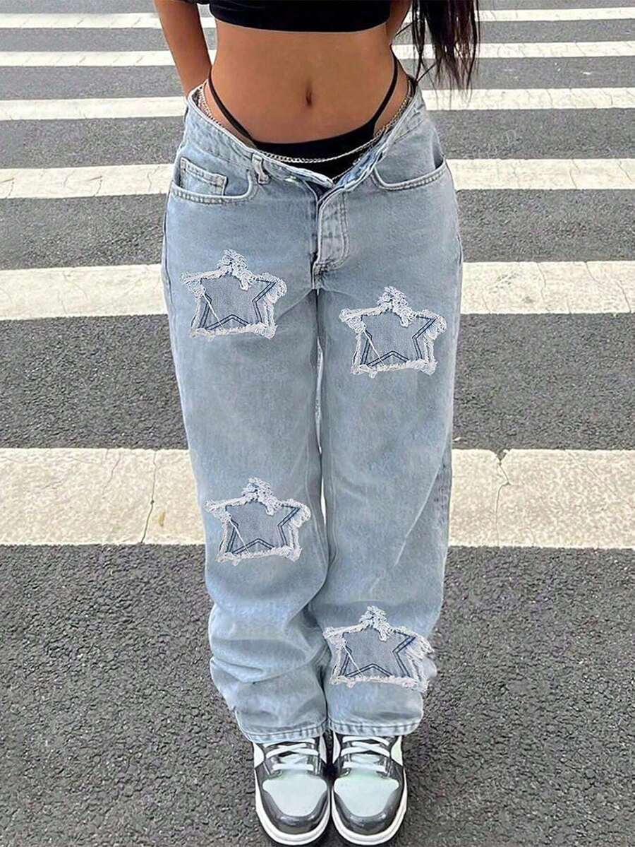 Stylish Women's Star Flower Embroidered Jeans – Mid-Rise Straight, Built-In Zipper, Soft High-Quality, Casual Everyday Wear, Classic Pantalones Jeans De Mujer - 淺色水洗藍 - 查看 1