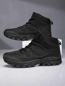 Women's All-Black High-Top Boots, Suitable For Spring, Summer, All Seasons, High-Top Wear-Resistant Anti-Slip Training Casual Hiking Shoes, Lace-Up Design - PU And Fabric Upper, Fabric Lining, Suitable For Outdoor Adventure, Hiking, Trekking - Black - View 10