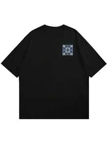 Men's Short-Sleeved T-Shirt With Floral And Letter Print, Comfortable And Breathable, For Summer Wear - 黑色 - 查看 3