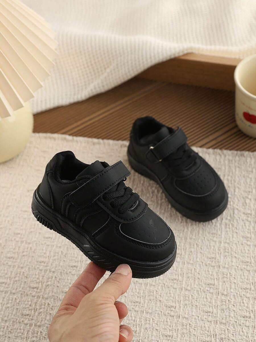 1双儿童休闲运动鞋，秋季新款女童软底鞋，幼儿白色鞋，时尚魔术贴防滑平底鞋，女童日常户外运动鞋 - 黑色 - 查看 1