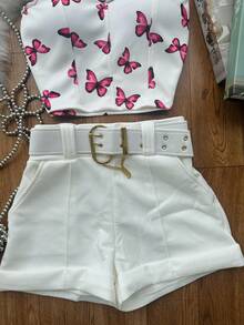 AMYLAN FASHION Neoprene Set Consisting Of A Butterfly Cropped Top With Padding And Shorts With A Belt. - Bướm, màu hồng đỏ và trắng - Xem 2