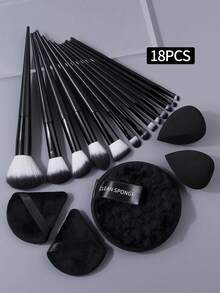 Bộ 18 món cọ và bông trang điểm chuyên nghiệp, gồm cọ trang điểm mặt sợi mềm + bông trang điểm đa năng dùng được cả khô và ướt + bông phấn tròn. - màu đen - Xem 10