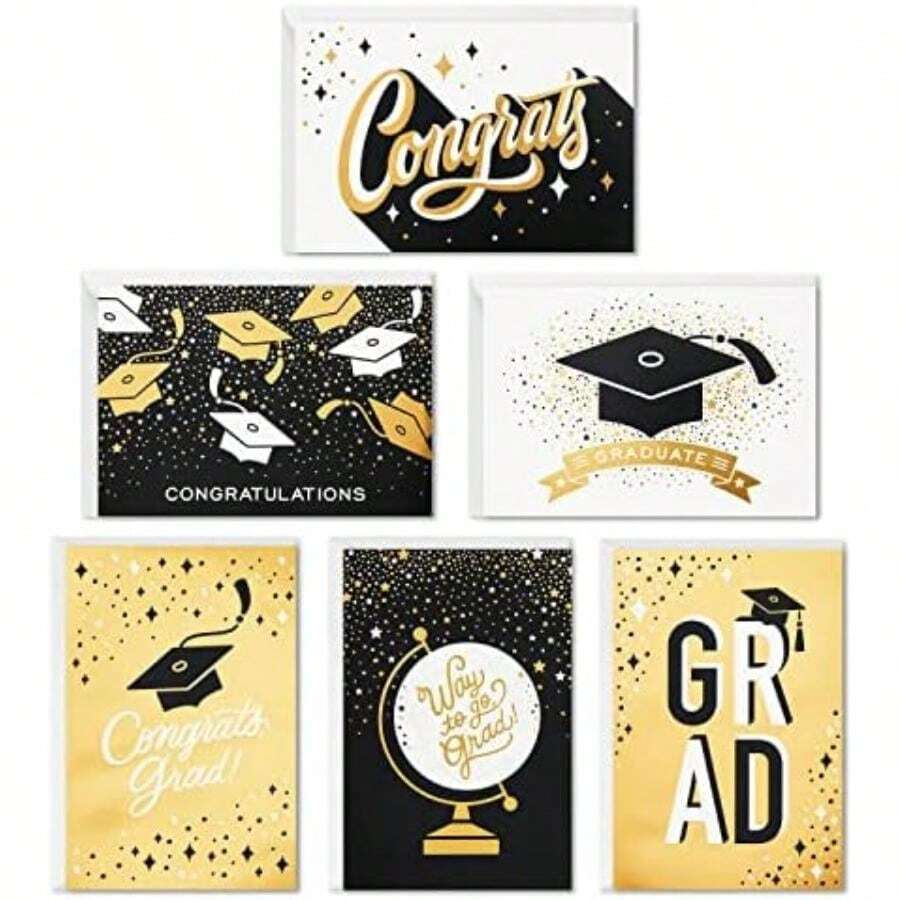 Hallmark - Tarjetas de graduación a granel, negro y dorado (36 tarjetas y sobres, 6 diseños)(Negro y dorado) - Multicolor - Ver 1