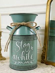 Distressed Green Metal Decorated Milk Can Bottle, Vintage Iron Wire Rope Tie, Green Background Printed "Stay Awhile" Lazy Slogan, Comes With A Relaxing And Healing Atmosphere. Can Be Used As A Vase For Dried Flowers Or A Storage Jar, Suitable For Nature-Inspired, Minimalist Styled Desktops, Corners, And Home Decor, Gentle And Stress-Relieving. - Four Seasons Double-eared Teapot 6 - View 9