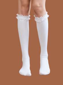 1双女士天鹅绒洛丽塔蕾丝边过膝袜，甜美可爱日系风格，春夏款 - 彩色 - 查看 4