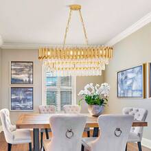 Modern Rectangular Chandelier - Gold Crystal Chandelier For Dining Rooms -8 Linear Ceiling Chandeliers -31.4-Inch Luxury Oval Chandelier - For Kitchen Island And Living Room Use (Excluding Light Bulbs) - 金色 - 查看 9