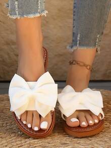 Solid Color Ultra-Light Bow Tie Beach Slippers, Fashion Casual Thick Bottom Round Toe Strap White Bow Flat Beach Sandals - White - View 3