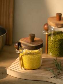 1pc Coffee Bean Storage Jar, Glass Jar With Wooden Lid, Moisture-Proof Spice Jar, Kitchen Dry Goods Storage Container - Multicolor - View 8