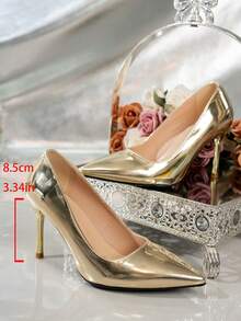 2024 Women's Fashion High Heels, Versatile For Workplace, Dating, Elegant & Sexy Pointed Toe Pumps With Metallic Electroplated Stiletto Heel, Gold Color - Gold - View 7