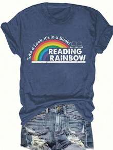 Women's T-Shirt Fitted Tops Print Y2K Crew Neck Tee-Plus Size - Women'S Red T-Shirt - Reading Rainbow Graphic Tee With Book Design - Casual Everyday Shirt For Teachers, Book Lovers - Valentine'S Day & Back To Outfits - Soft Everyday Top, Teacher Apparel, Playful Design, Comfortable Fit-Summer Festival Fashion,  Adult Heavyweight T-Shirt - 藏蓝色 - 查看 5