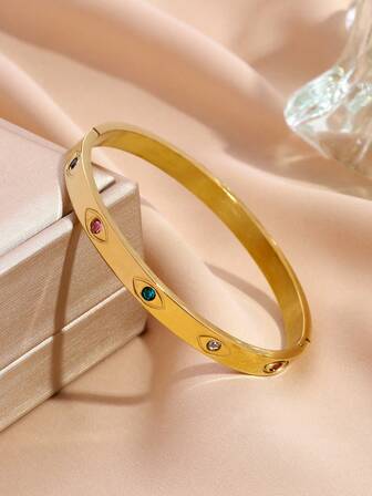 18Kゴールドメッキ ステンレススチール ヴィンテージ フォーゲムストーン エビル アイ ブレスレット、ボヘミアンスタイル レディース、ジュエリーギフト、ラインストーンアクセサリー