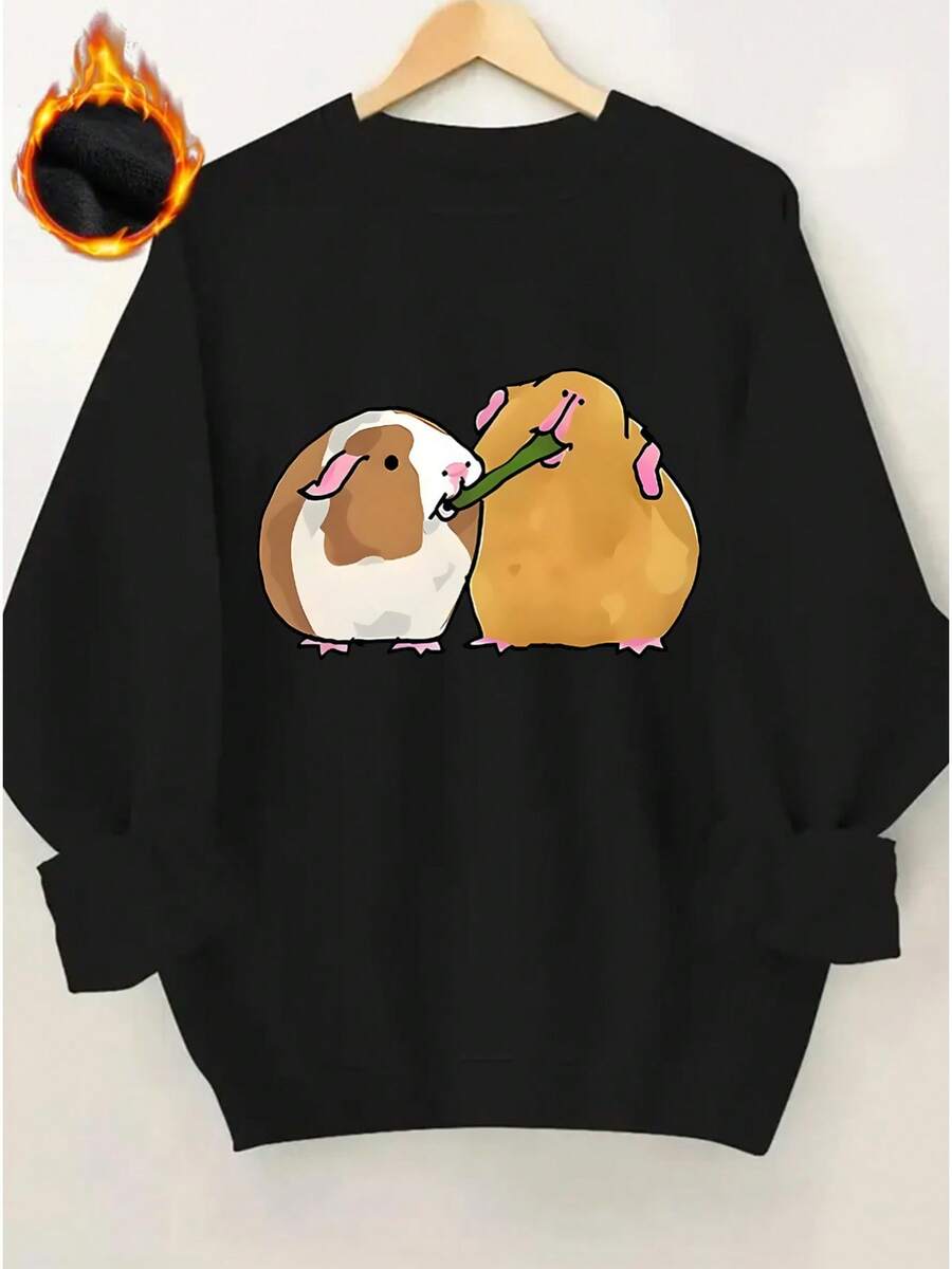 Women's Guinea Pig Print Thickened Sweater Sweatshirt - Cozy Round Neck Pullover With Guinea Pig & Letter 'S' Design, All-Season Casual Sweaters For Guinea Pig Lovers, Machine Washable - màu đen - Xem 1