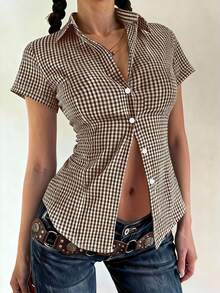 阳光少女风春季情人节女装Y2K返校季棉质修身翻领短袖衬衫，带纽扣，棕色格子学院风上衣