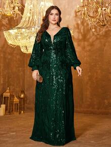 UNITHORSE V领长袖奢华亮片装饰修身鸡尾酒会礼服 - 墨綠色 - 查看 4