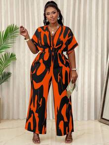 Salopetă elegantă pentru femei, mărime Plus, cu mâneci lungi, model V adânc, cu talie largă, stil vacanță, salopetă lungă, grafică aleatorie