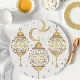 2/4/6 Pcs Set Elegant Ramadan Themed Placemats, Decorated With Gold Crescent Moon And Lantern Patterns, Accented With Star Decor - 15 Inch Round Placemats, Suitable For Party Dining And Holiday Decoration. Also Applicable For Home Decor, Holiday Table Setting, Farmhouse Holiday Decor, Farmhouse Style Decor, Washable Placemats, Durable Material, Holiday Table Decor, And Home Entertainment.