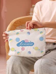 1pc Customized Name Cartoon Space Pattern Corduroy Toiletry Storage Bag, Perfect Choice For Organizing Toiletries When Traveling, Can Be Customized According To Your Unique Design, Very Suitable For Children, Print Your Own Name Or Print Your Sister's And Classmates' Names As A Gift To Give To Others - Multicolor - View 9