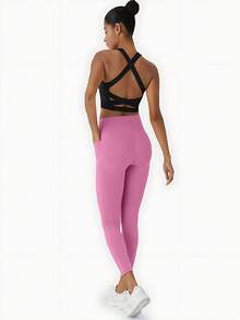 1 PC Women's High-Waisted Sports Leggings, Tummy Control And Butt Lifting, Soft Fabric, Perfect For Yoga And Shaping, Deep V-Neck Design. - Màu Hồng Tươi - Xem 4