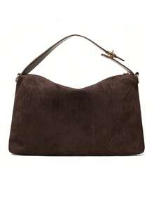 女士纯色麂皮手提包，可调节休闲简约单肩/斜挎包，日常通勤背包 - 咖啡 - 查看 7