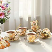 Tea Cups And Saucers Set Of 6,3.4oz Floral Tea Cups With Gold Trim,Porcelain Tea Cup Sets,Coffee Cappuccino Espresso Latte Mugs For Party Birthday,Party Cafe Home, Christmas Gift - 橘色 - 查看 3