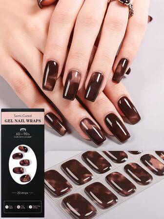 20 Pieces Semi Cured Gel Nail Wraps, Fashion Retro Light Mature Style Dark Brown Tortoiseshell Leopard Print Heart French Design Crystal Nail Art Stickers, Self-Adhesive Full Wrap Nail Art, UV Lamp Required, Easy To Apply And Remove, Suitable For Women And Girls Autumn And Winter Daily Commuting Party Dating DIY Nail Art