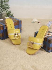 1 Pair Children's Minimalist PU Flat Casual Slippers, Suitable For Summer - Yellow - View 4