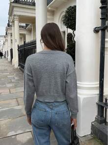 FOR BEAUTY 秋冬新款灰色复古圆领单排扣女士长袖针织短开衫，时尚休闲简约百搭，适合日常通勤毛衣外套，女士冬季新年服装 - 灰色 - 查看 6