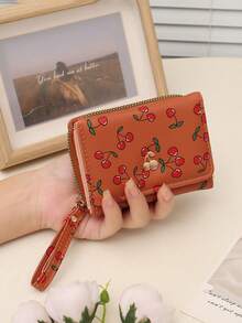 新款女士短款钱包，樱桃印花折叠钱包，拉链三折时尚手拿包，带多个卡槽和零钱袋，适合日常使用，返校礼物，生日礼物，女士礼物 - 彩色 - 查看 7