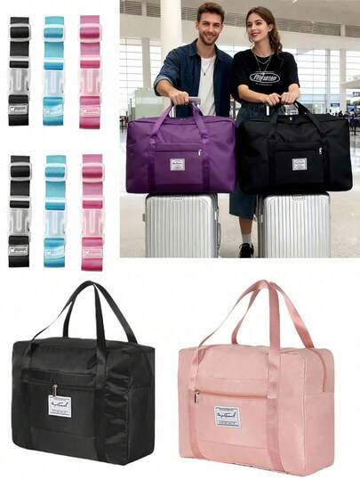 2pcs Large Capacity Short Distance Travel Bag, Thickened And Foldable Handbag Bag, Ready For Production Bag, Portable Moving Luggage Bag, Equipped With Adjustable Travel Bag Buckle, External Anti Loss Color Binding Strap, Portable Backpack Hanging Strap
