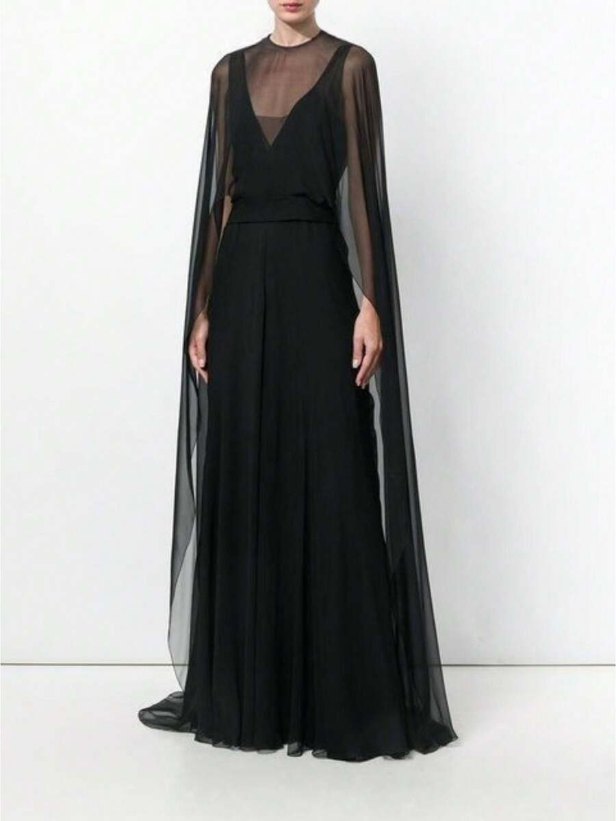 Women Sheer Long Cape Tops - Negro - Ver 1