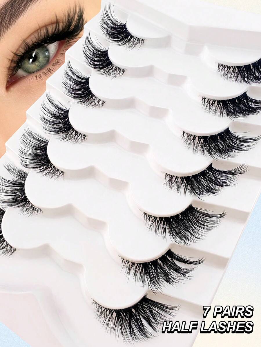 7 Pairs Half Lashes 17mm Cat Eye Look Tail Elongated Lashes 3/4 Corner False Lashes Natural Fox Eye Lashes - màu đen - Xem 1