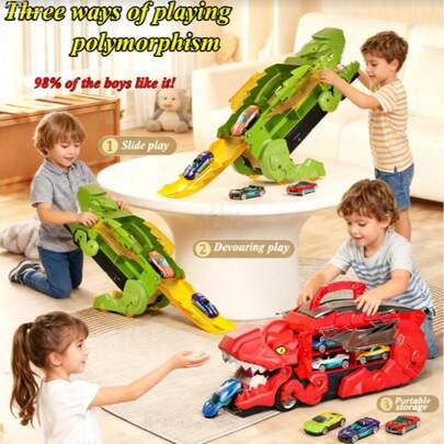 1 Set Multifunctional Transforming Track Car Toy Set: Tyrannosaurus Rex Toy Truck With Launching Ramp, Swallowing Function And Transforming Track, Includes Die-Cast Mini Cars, Dinosaur Track, Transforming Cars And Launching Ramp - Suitable For Christmas, Halloween, Thanksgiving And New Year Gifts, Random Car Colors And Styles