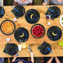 Grencian Gold Star Moon Party Plies - 96Pcs Moon And Stars Party Plies Plates And Napkins Navy Blue Celestial Hanging Crescent Disposable Tableware For Celestial Birthday Decorations Serve 24 - Xanh navy - Xem 7