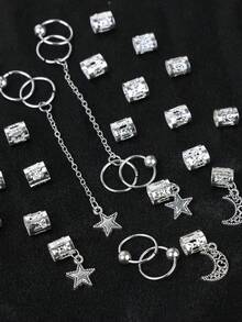 30个星月流苏发圈，金属吊坠发饰，Y2K派对朋克风少女沙滩夏季发饰 - 銀色 - 查看 4