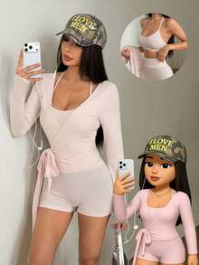 AITYI Studio 女士三件套，吊带瑜伽开衫和高腰瑜伽短裤，健身舞蹈瑜伽服，休闲户外晚间约会装，修身性感时尚，柔软弹力面料，年轻优雅，适合新年、圣诞节、返校季等场合。 - 粉色 - 查看 2