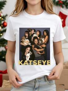 BP Korean Girl Group Pattern Girls Children Youth Cotton T-Shirt - With KATSEYE Pattern Shirt, Casual Short Sleeve Round Neck T-Shirt, Machine Washable, Durable Print Quality Minimalist Style Sweatshirt,New Years Outfit - 白色 - 查看 2