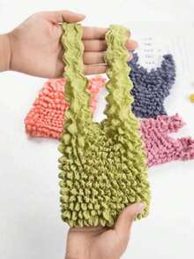 1 pieza Bolso de mano expandible y lindo con ribete de volantes y correa de muñeca, hecho de tela de poliéster duradera, bolso portátil, opciones de varios colores, adecuado para compras, uso diario, regalo, bolso de moda y práctico con textura de loto, diseño interior de gran capacidad, mecanismo retráctil confiable, fácil de guardar, bolsa de compras pequeña, réplica, retornable - Multicolor - Ver 2