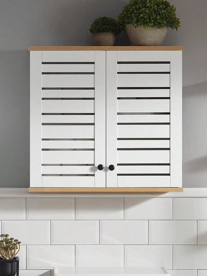 SoBuy BZR42-W Wall Cabinet With Louvre Doors Wall Cabinet Bathroom Cabinet Kitchen Cabinet Medicine Cabinet Bathroom Furniture White-Natural W X H X D Approx: 60 X 56 X 19 Cm - White - View 1