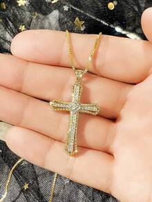 1 chiếc dây chuyền mặt thánh giá mạ vàng đính đá Cubic Zirconia sang trọng, quà tặng cho nữ, trang sức cưới. - Vàng - Xem 6