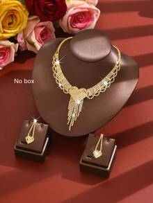 巴洛克风格心形流苏首饰套装：镶满水钻项链+耳环，新娘伴娘婚礼配饰，情人节礼物 - 彩色 - 查看 5